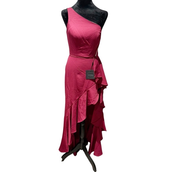 One-Shoulder Ruffle gown Burgundy Ieena for Mac Duggal Size 2 NWT - Picture 7 of 11